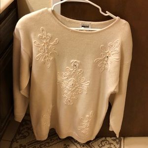 Cream vintage 90s sweater with embellishments. Size M